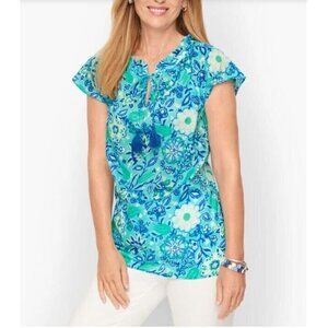 Talbots Top Womens Large Blue Tropical Floral Tassel Ruffle Trim Lightweight